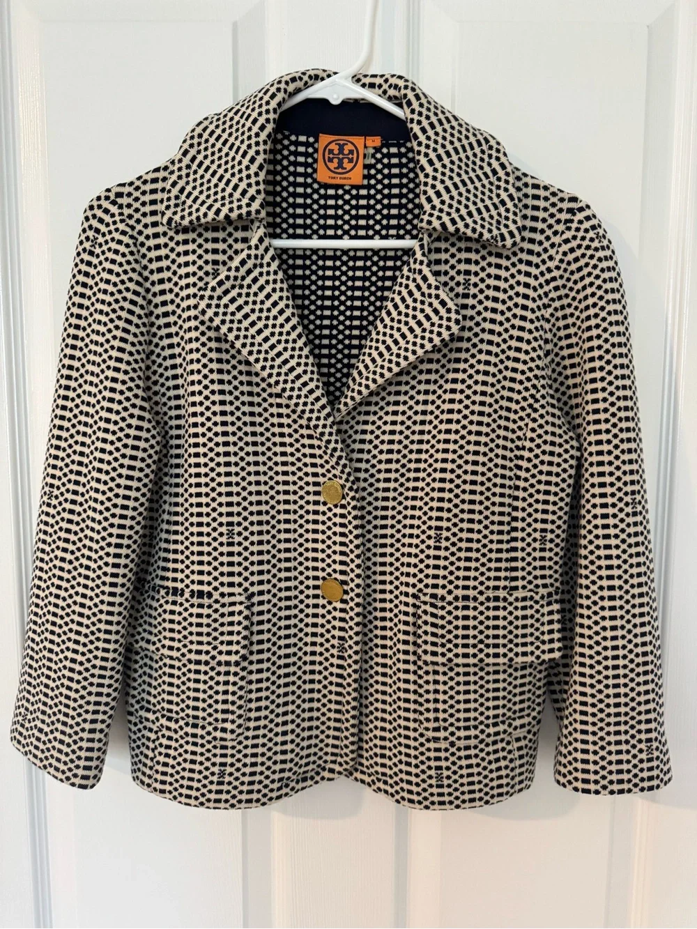Tory Burch Navy and Cream Geometric Knit Jacket with Logo Tag